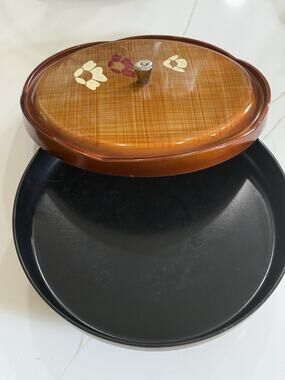 Vintage Japanese Floral Lacquer Ware 3 Piece 11" Lazy Susan Serving Tray Lid
